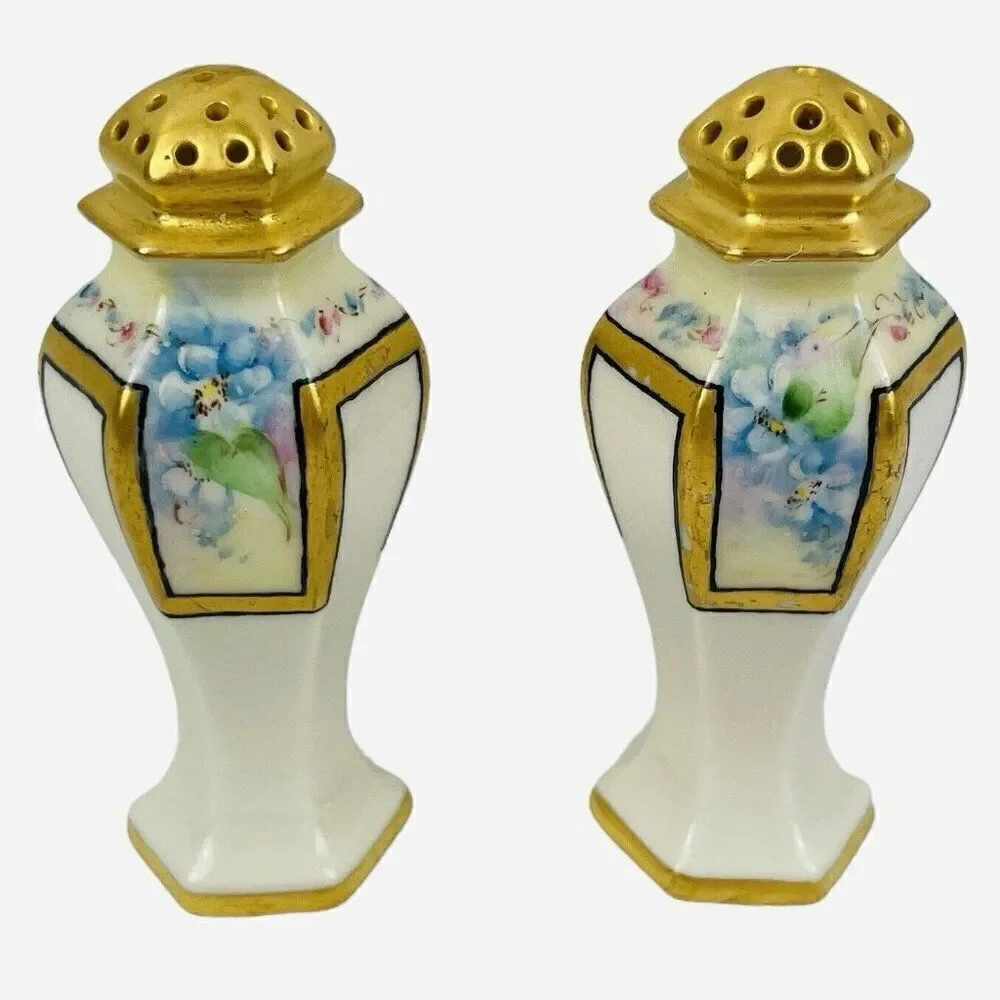 Antique 1900 Belleek Lenox Salt & Pepper Shakers Forget Me Nots Hand Painted Set